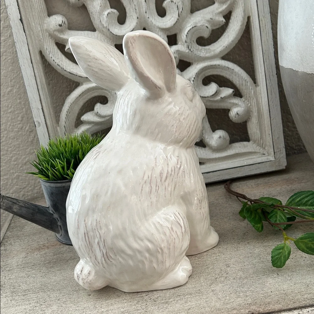 Farmhouse Shabby Chic Cottage Easter Creamy White Ceramic Bunny Figurine decor